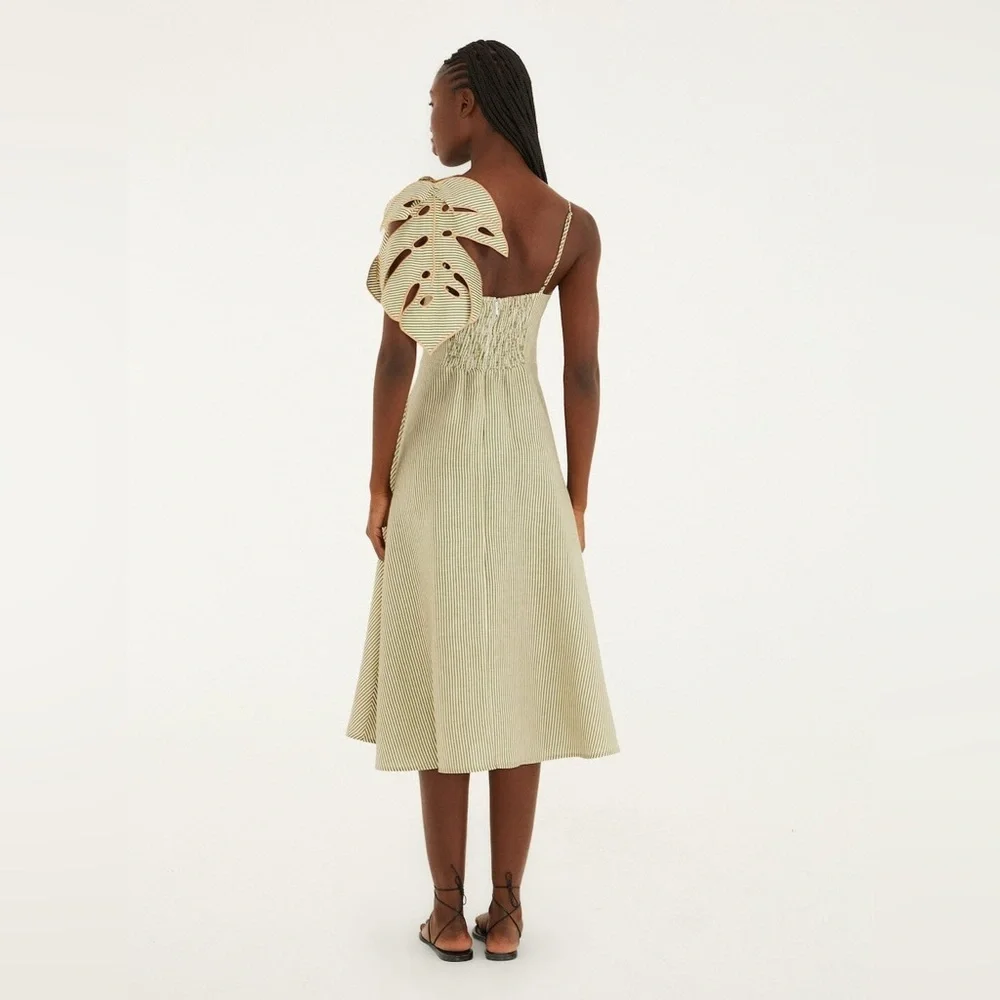 Farm Rio Green Striped 3d Monstera Leaf Midi Dress - Picture 5 of 9